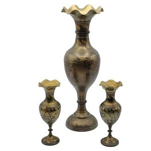 Vintage 3pc Brass Indian Bud Vase Set‎ Ruffled Rim Flower & Leaves Etched 16" 8"